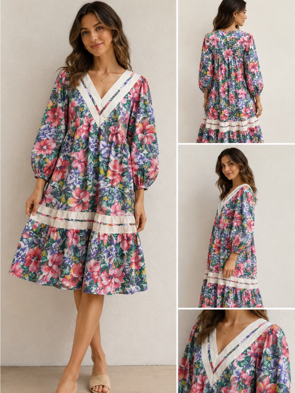 Vintage fFloral Long Sleeve midi Dress multi color size L cotton cottage core